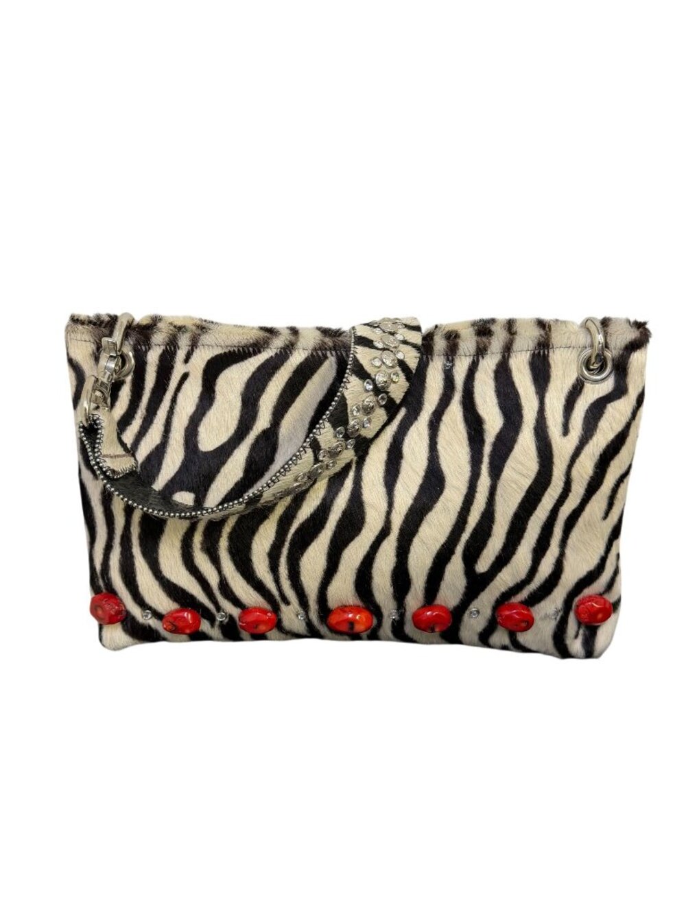 KurtMen Zebra-Print Faux Fur Handbag With Rhinestone Strap & Red Accents